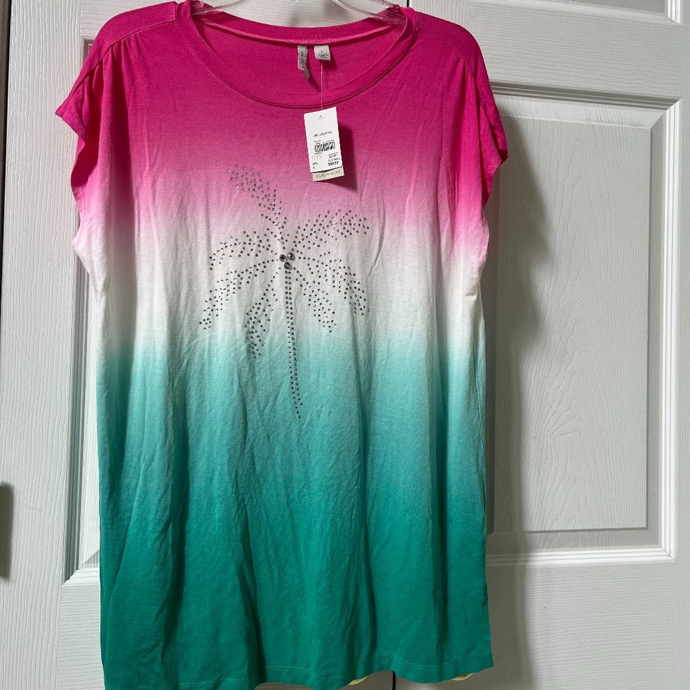NWT ladies size L bling palm tree pink white green tee t shirt